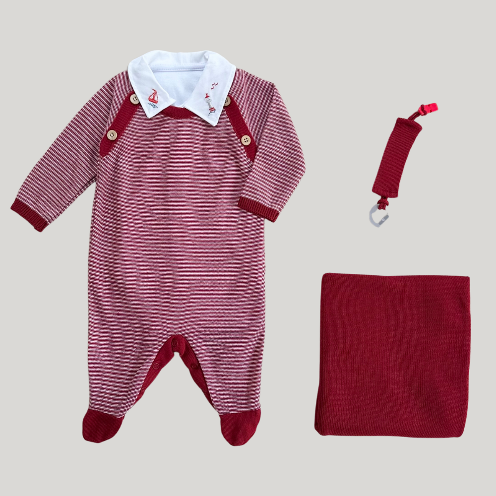 Kit Saída Maternidade Premium 4 Peças Tricot bordado Boat Listras Red