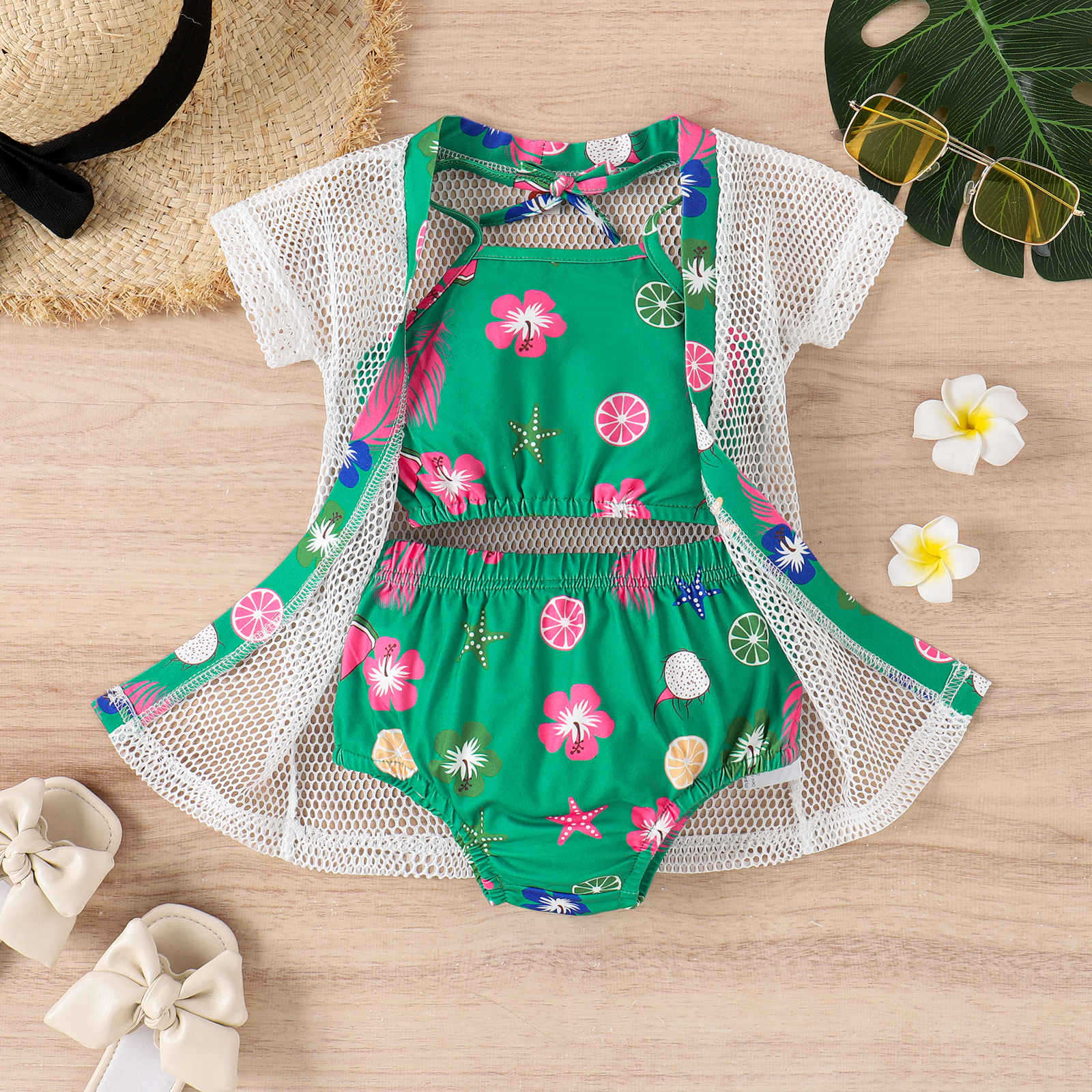 Conjunto Infantil Biquiní + Saida de Praia Verde Florzinhas
