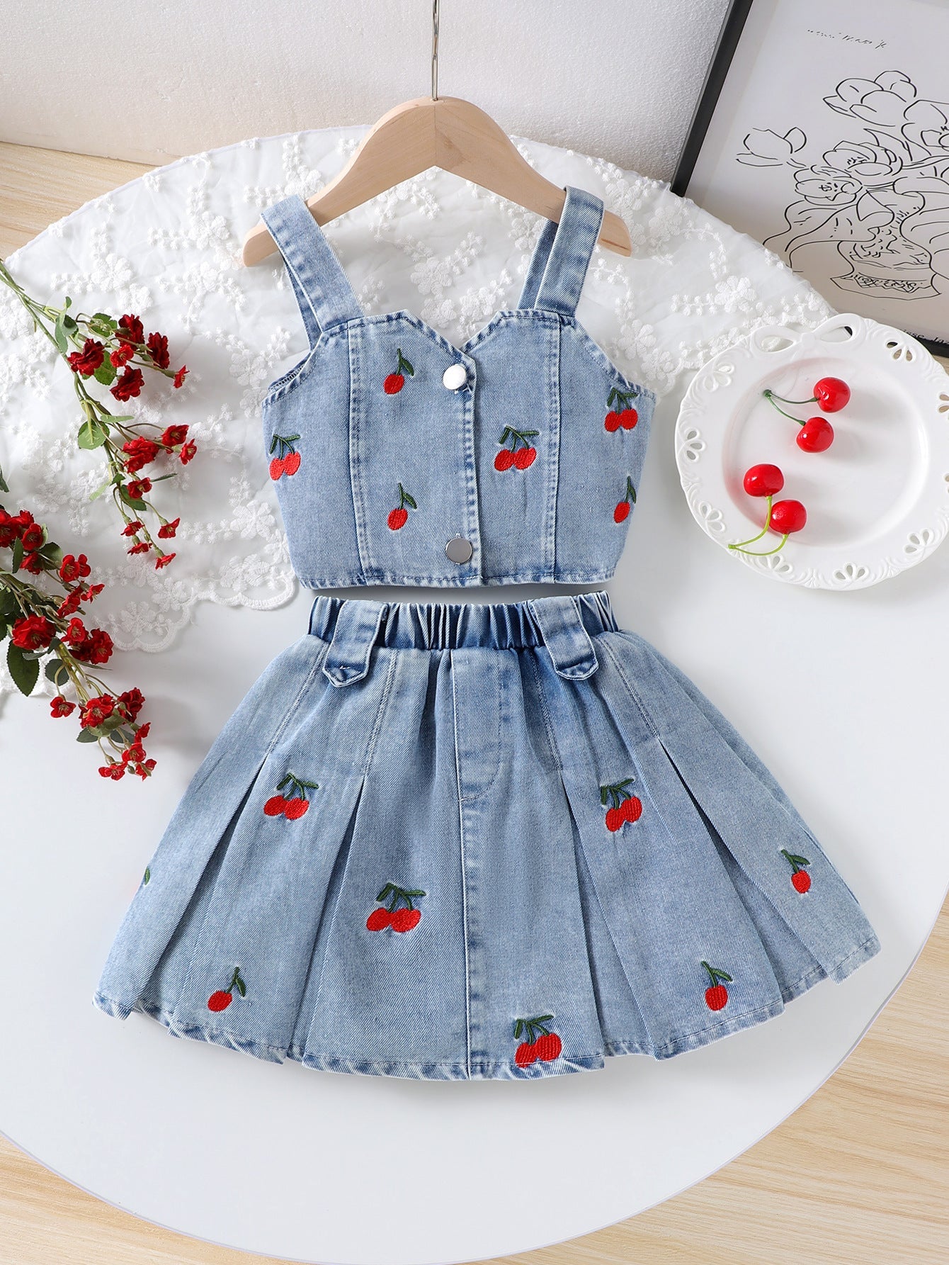 Conjunto Infantil Verão Jeans Cerejinhas