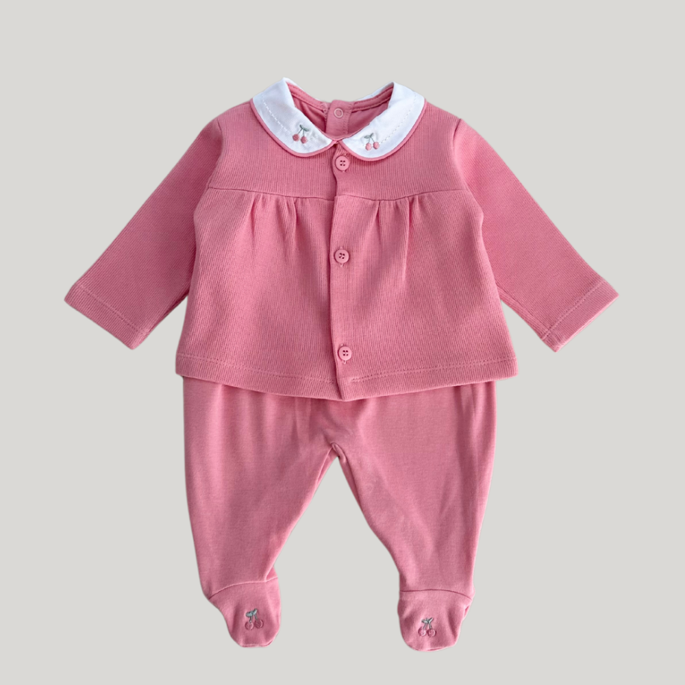 Conjunto Bebê 2 Peças Tricot Bordado Cereja Rosa