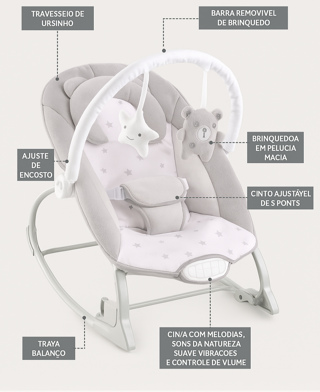 Cadeira De bebê Anti Stress Musical Conforto Diversão Bege