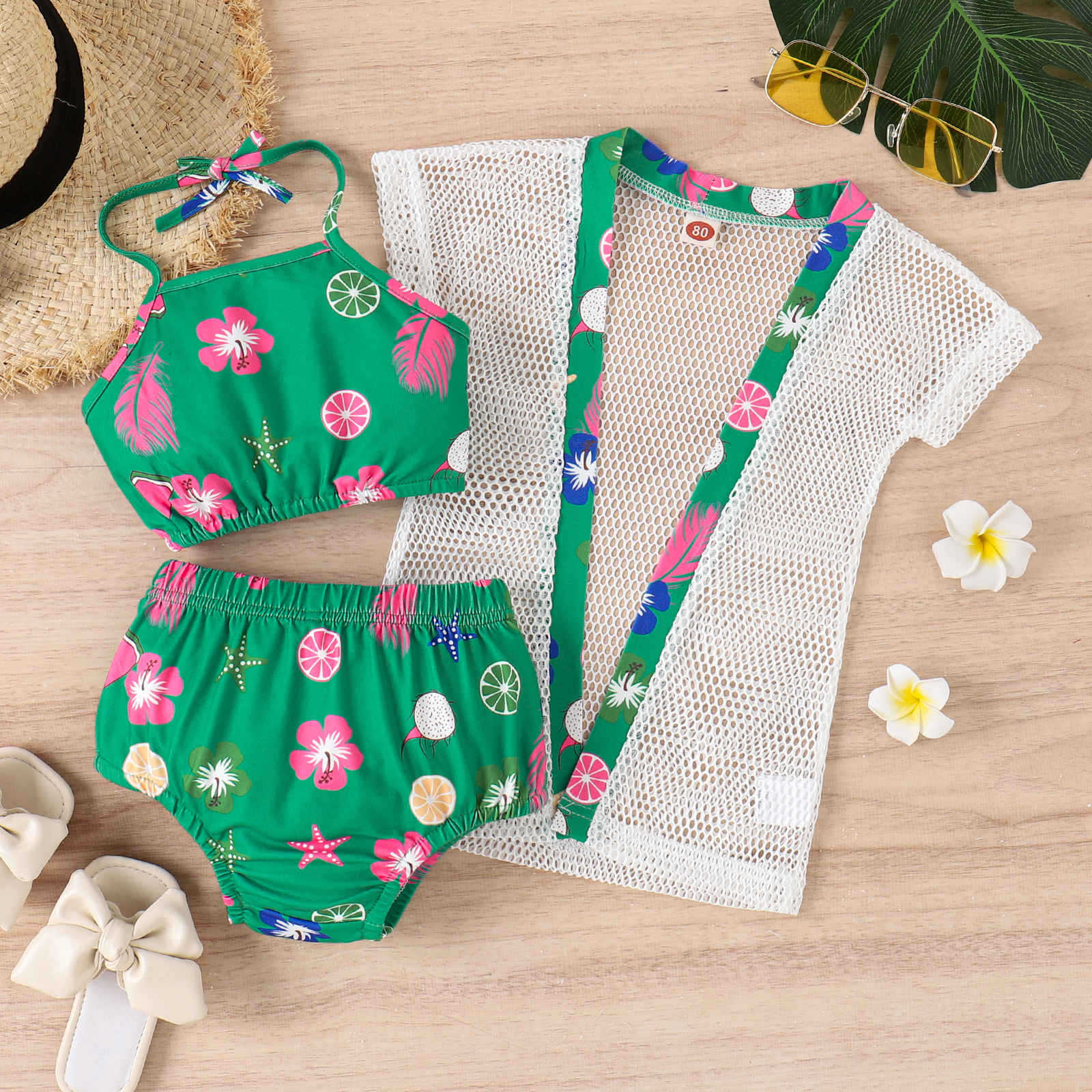 Conjunto Infantil Biquiní + Saida de Praia Verde Florzinhas
