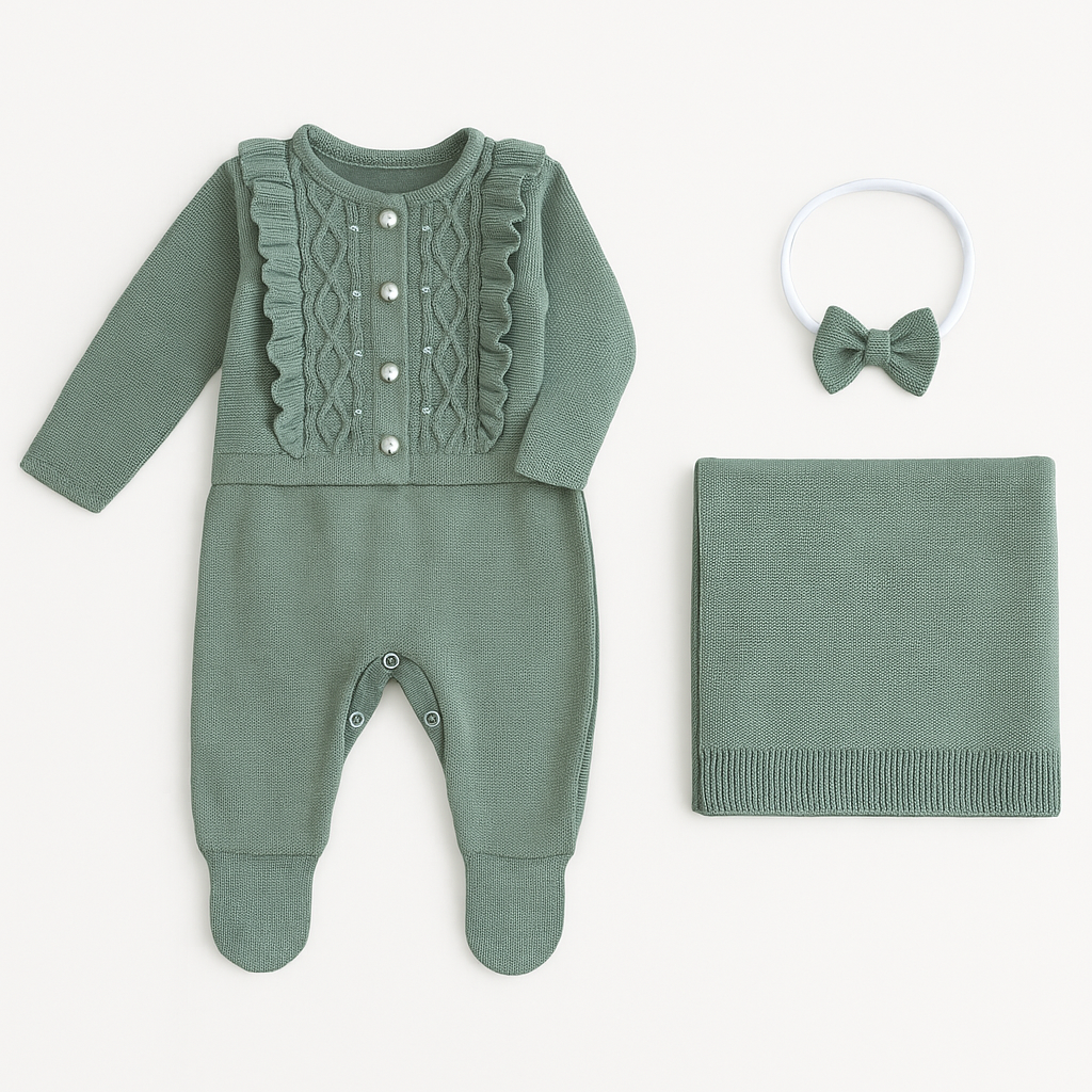 Kit Saída Maternidade 3 Peças Tricot Menina Loren Green