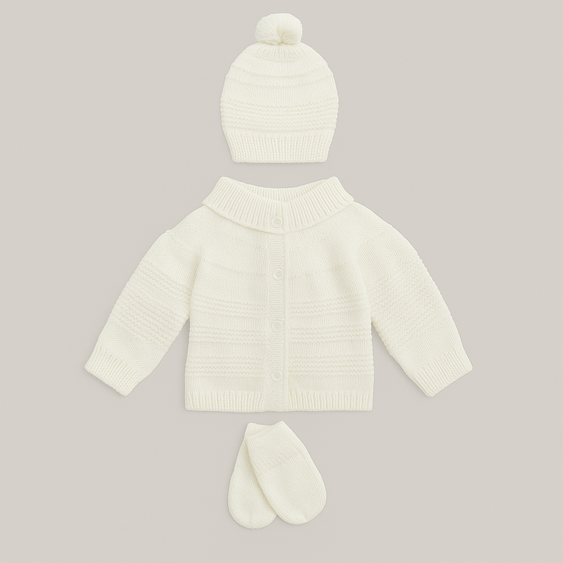 Kit 3 peças Bebê Casaco Tricot Gorro E Luva Off White