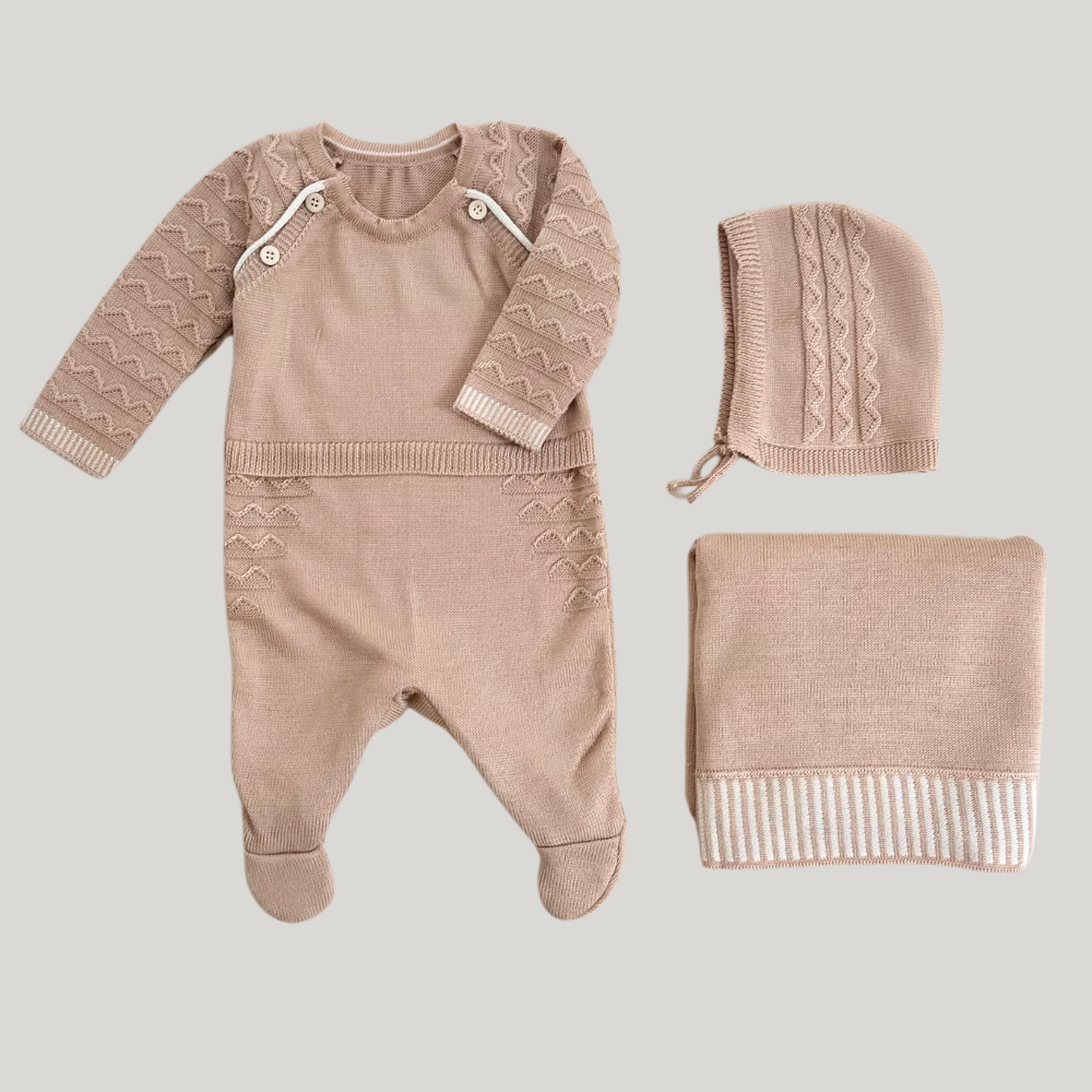 Kit Saída Maternidade 3 Peças Tricot Vintage Caramelo