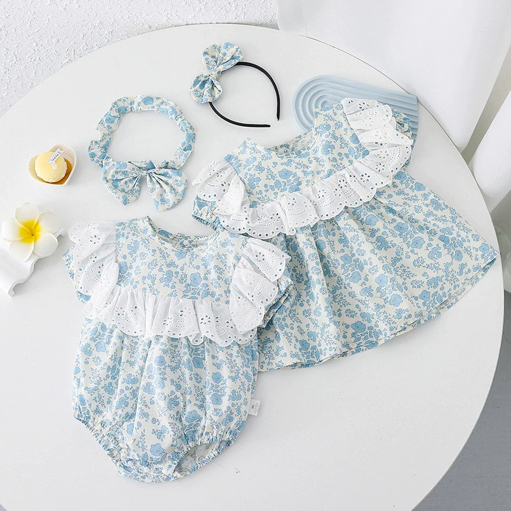 Body/ Vestido Infantil Azul Flores