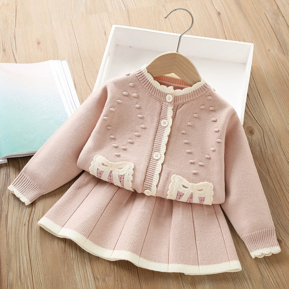 Conjunto Infantil Feminino Tricô Lacinho Plíssado