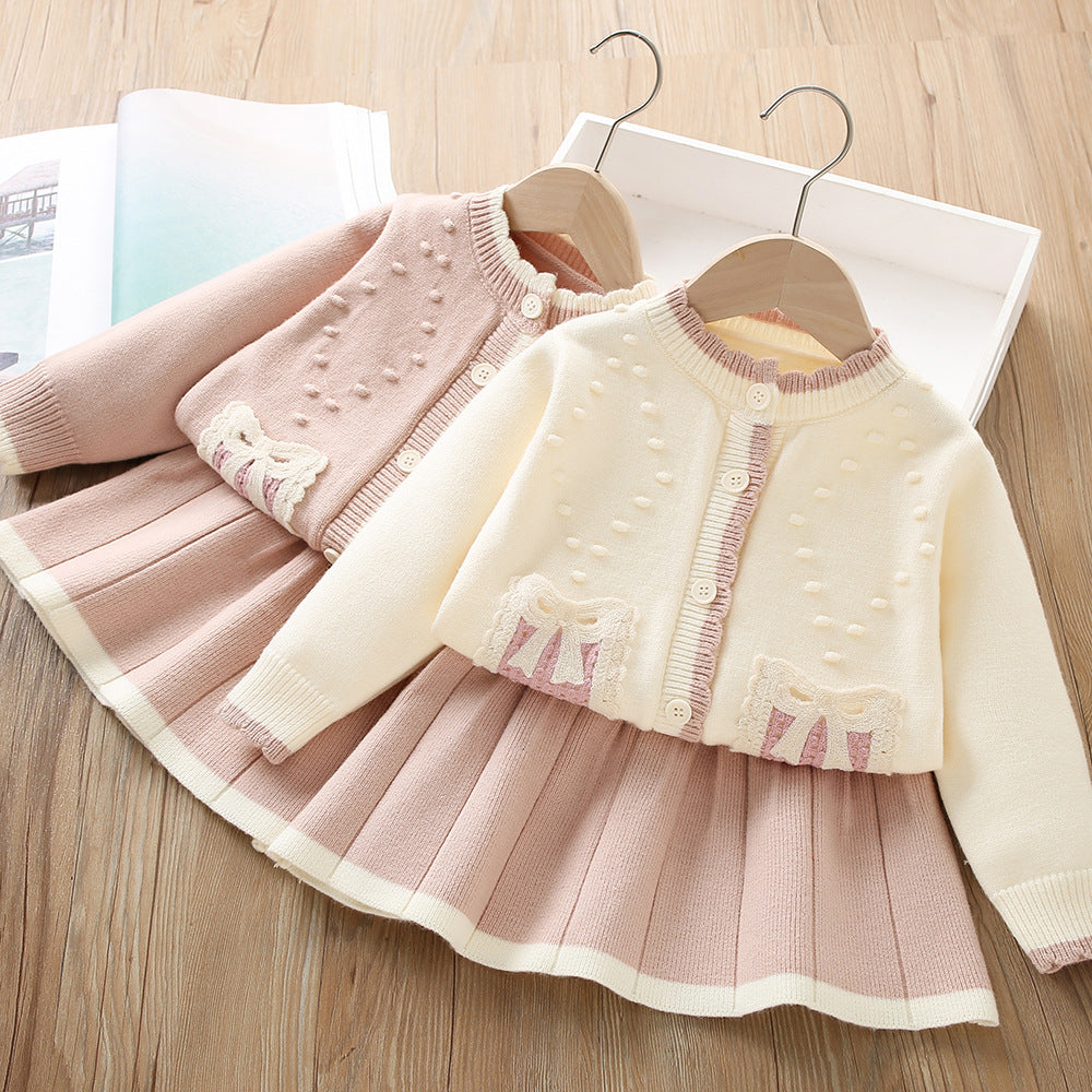 Conjunto Infantil Feminino Tricô Lacinho Plíssado