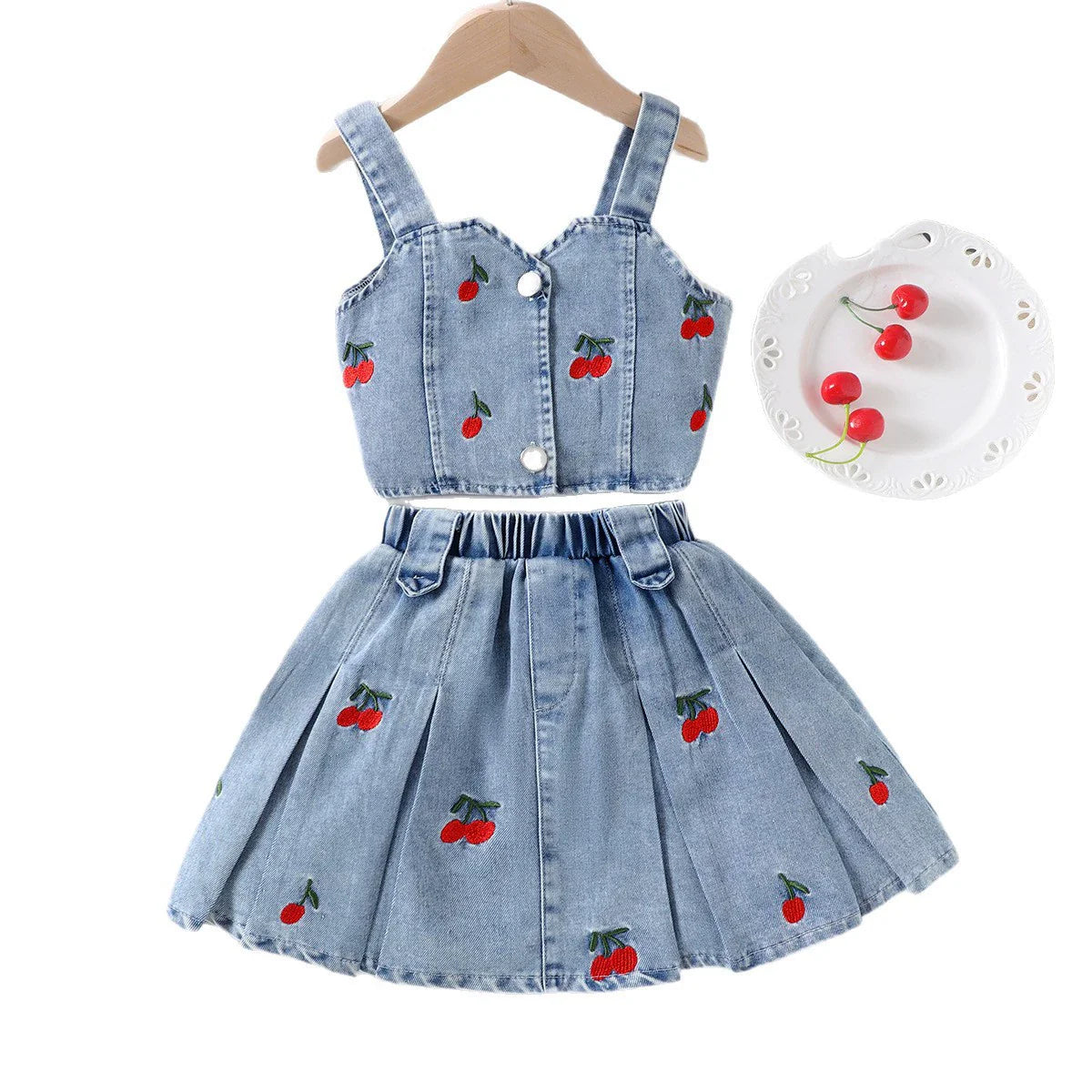 Conjunto Infantil Verão Jeans Cerejinhas